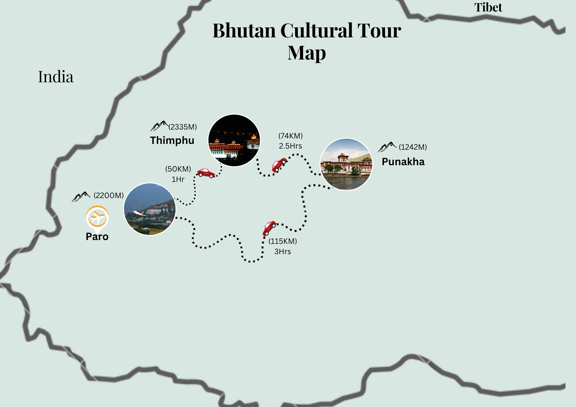 5 Days Bhutan Tour Map