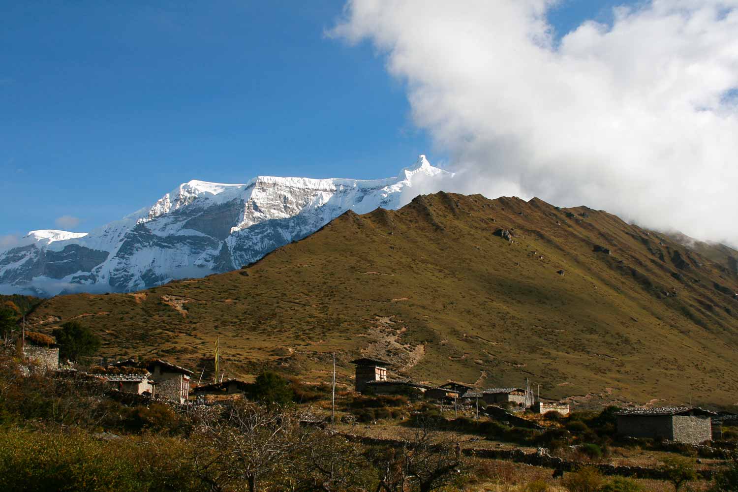 Limithang campsite at 4,090m on Bhutan Snowman Trek with Himalayan peaks and alpine valley views.