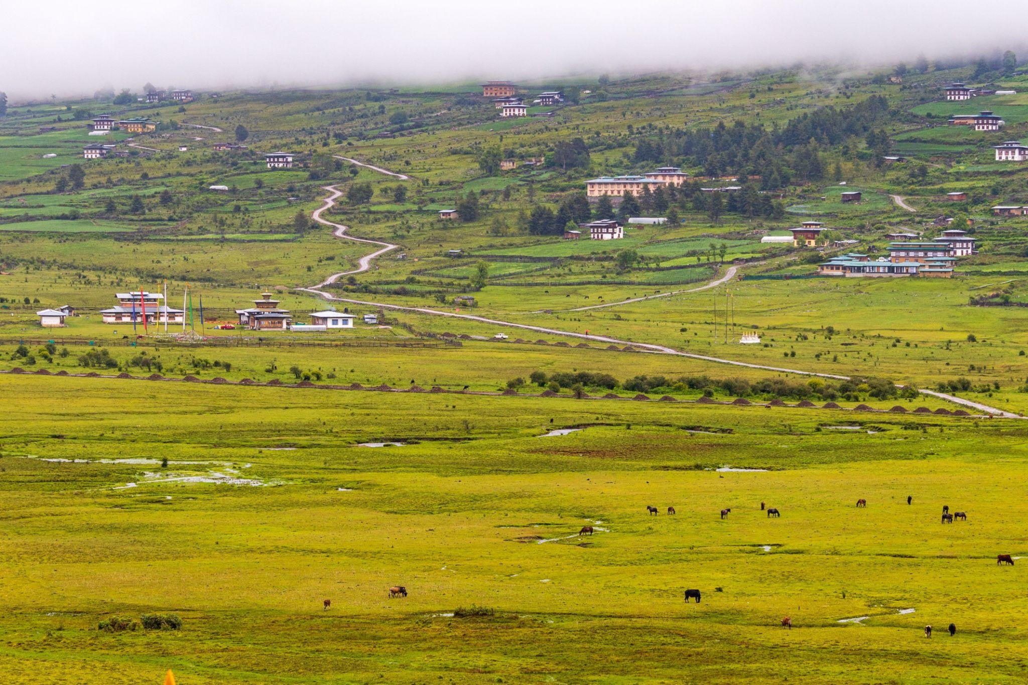 Bumthang Valley in Bhutan, surrounded by green mountains, traditional Bhutanese villages, farmland, and peaceful Himalayan landscapes.