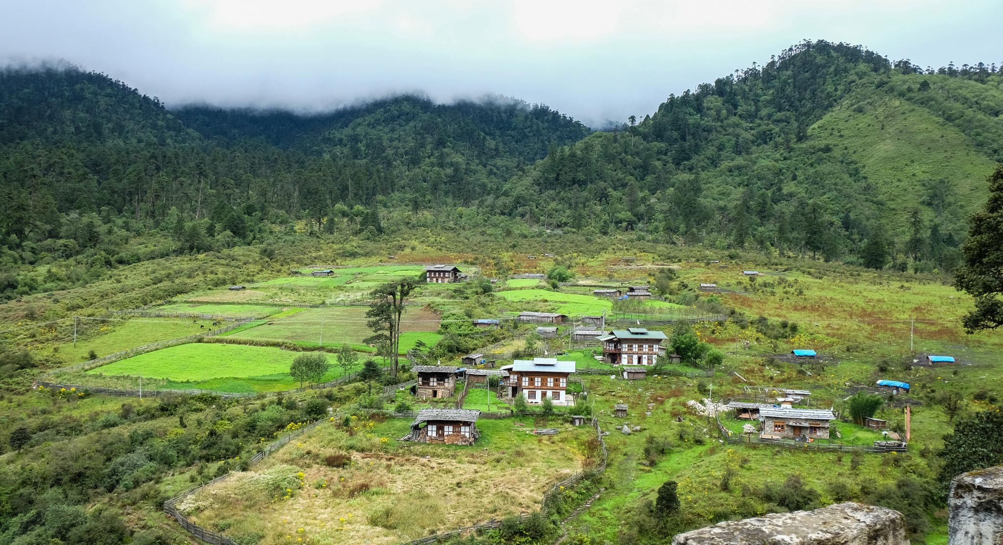 Chaling Village in Eastern Bhutan surrounded by lush green fields, traditional Bhutanese houses, and scenic mountain landscapes.