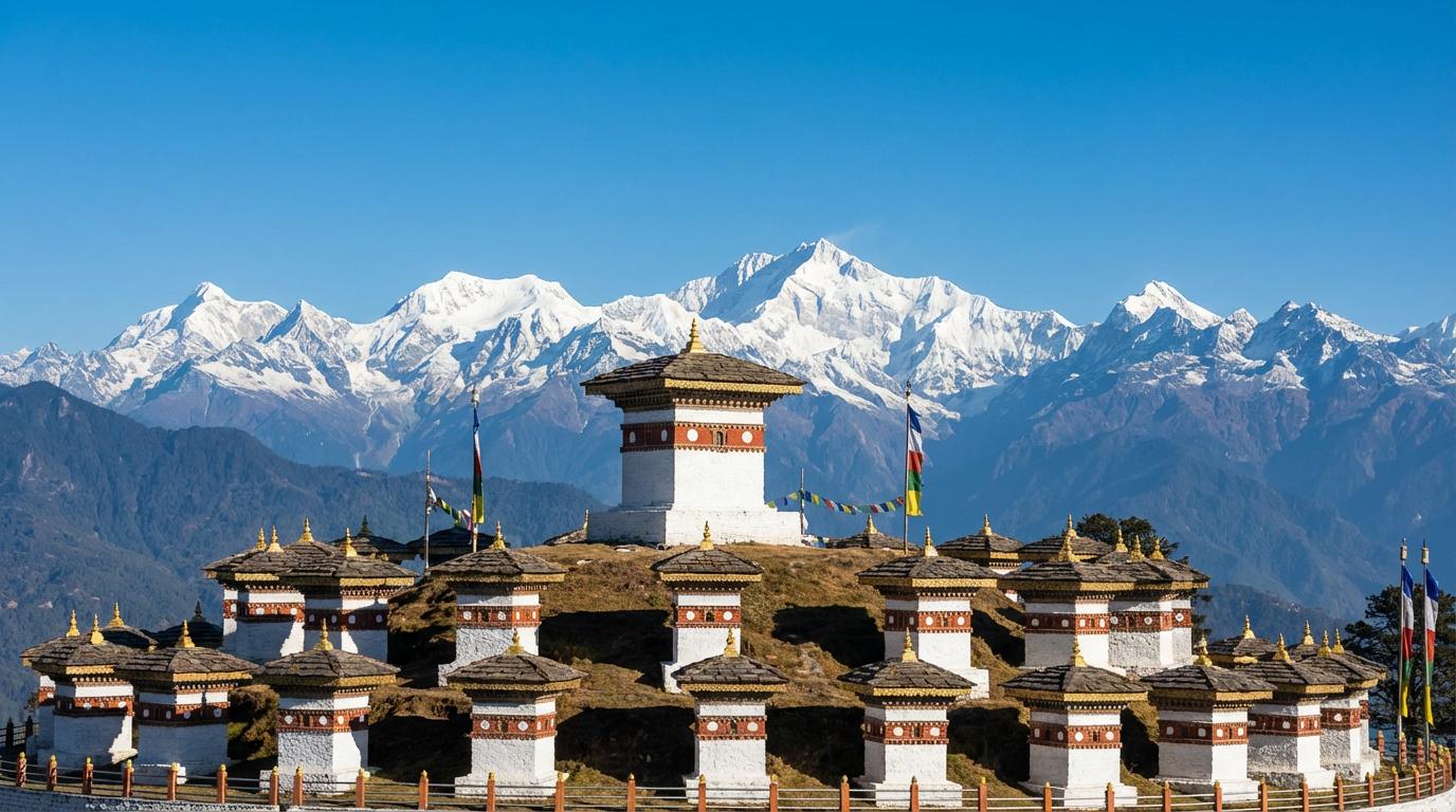 Panoramic view of Dochula Pass with 108 chortens and snow-capped Himalayan mountains in Bhutan.