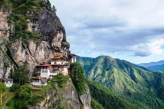 Taktsang Monastery (Tiger’s Nest) perched on a cliff above Paro Valley in Bhutan.