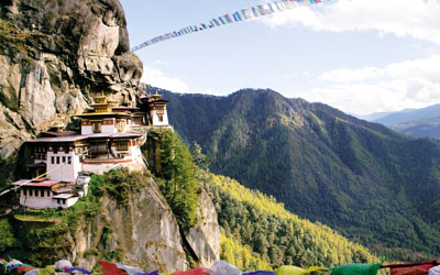 Tiger's Nest Monastery (Taktsang) perched on a cliff in Paro, Bhutan.