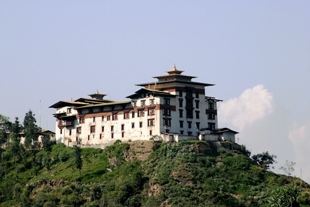 Trashigang town and Trashigang Dzong overlooking the Drangme Chhu Valley in eastern Bhutan.