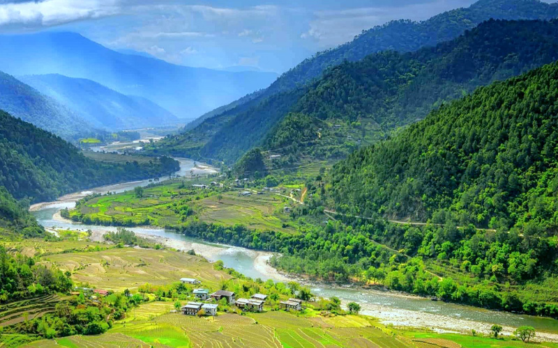 Paro Valley with traditional Bhutanese houses and mountains in Bhutan