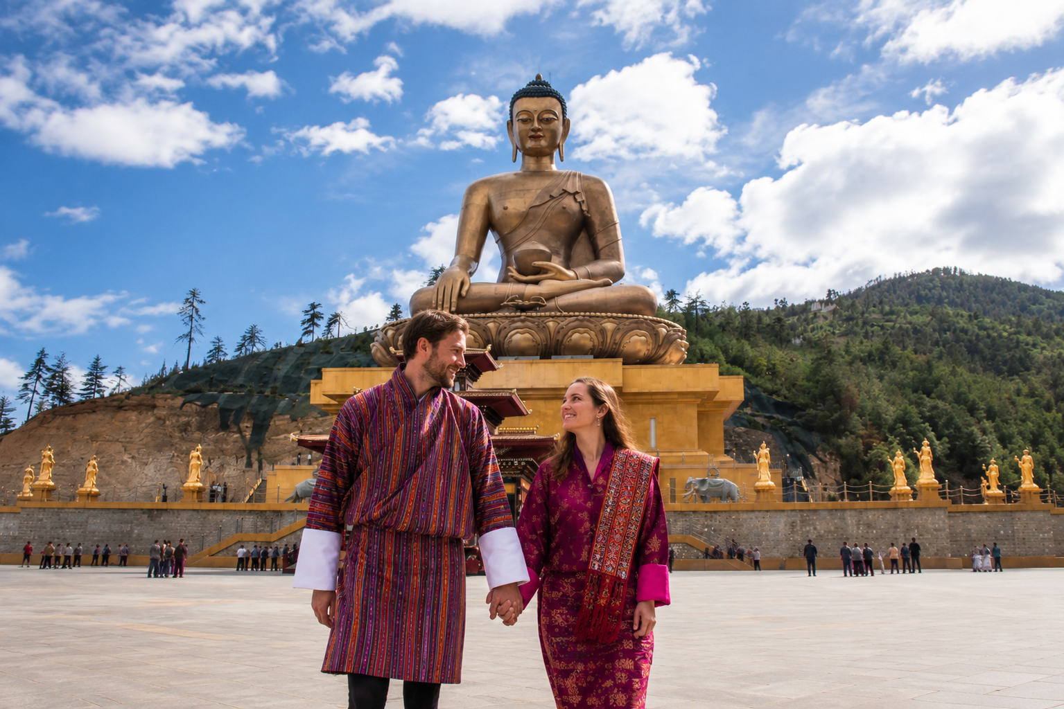 Romantic Couple in Traditional Bhutanese Dress at Buddha Dordenma