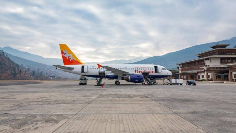 Paro International Airport surrounded by the Himalayan mountains in Bhutan.