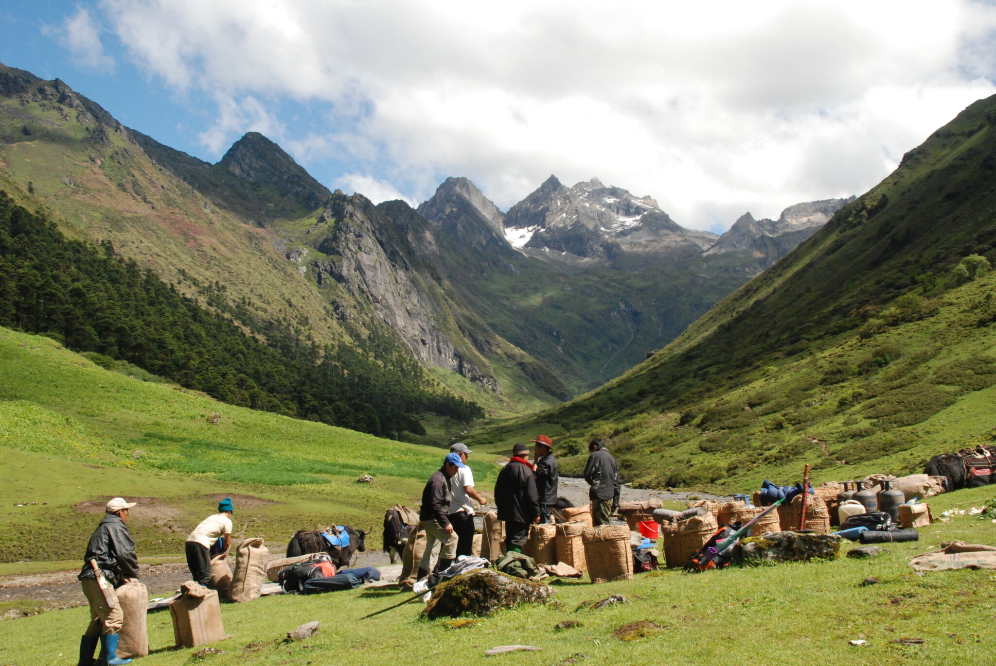 Koina campsite at 3,050m on Bhutan Snowman Trek beside river valley and Himalayan forest landscape.