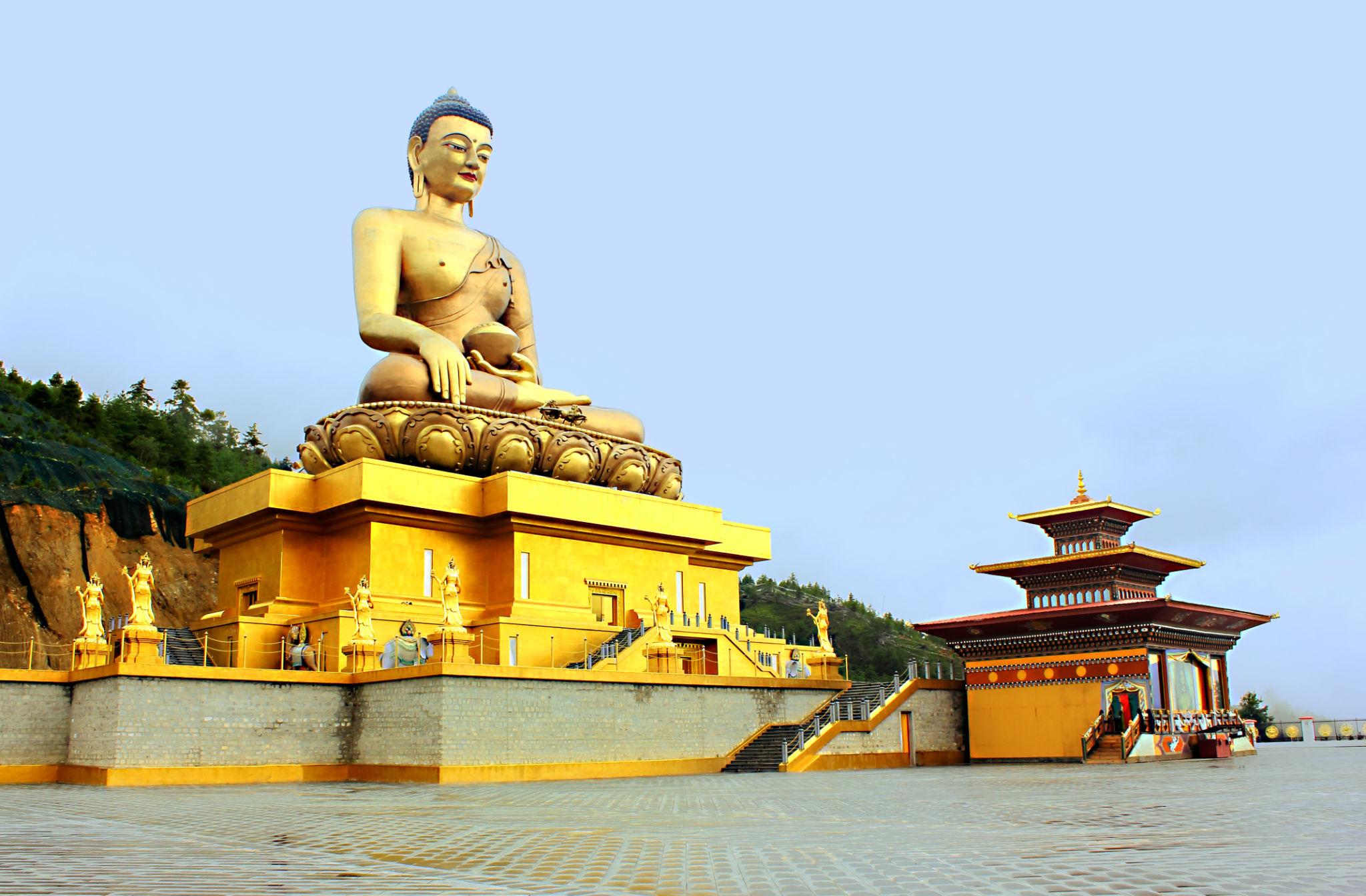 Giant golden Buddha Dordenma statue overlooking Thimphu valley, Bhutan.