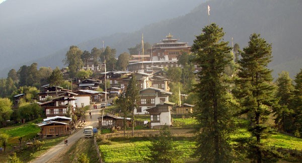 Gangtey Monastery overlooking the wide, marshy Phobjikha valley in Bhutan.